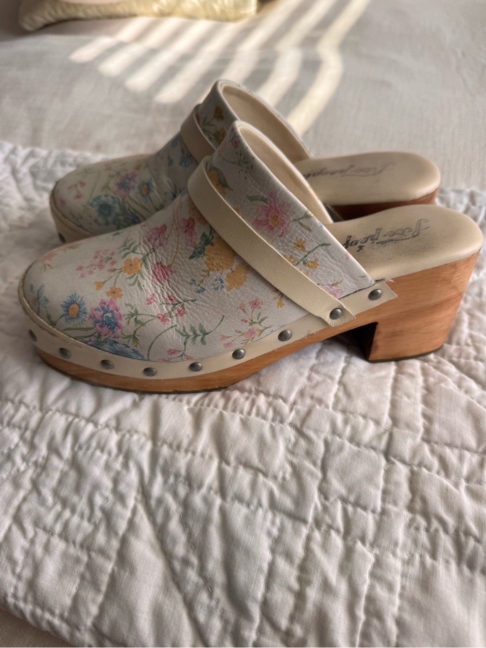 Free People Cream Floral Leather Clog Mules